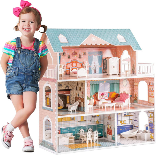 Robud Wooden Dollhouse For Kids Girls Toy Gift For 3 Years Old With 28 Furnit