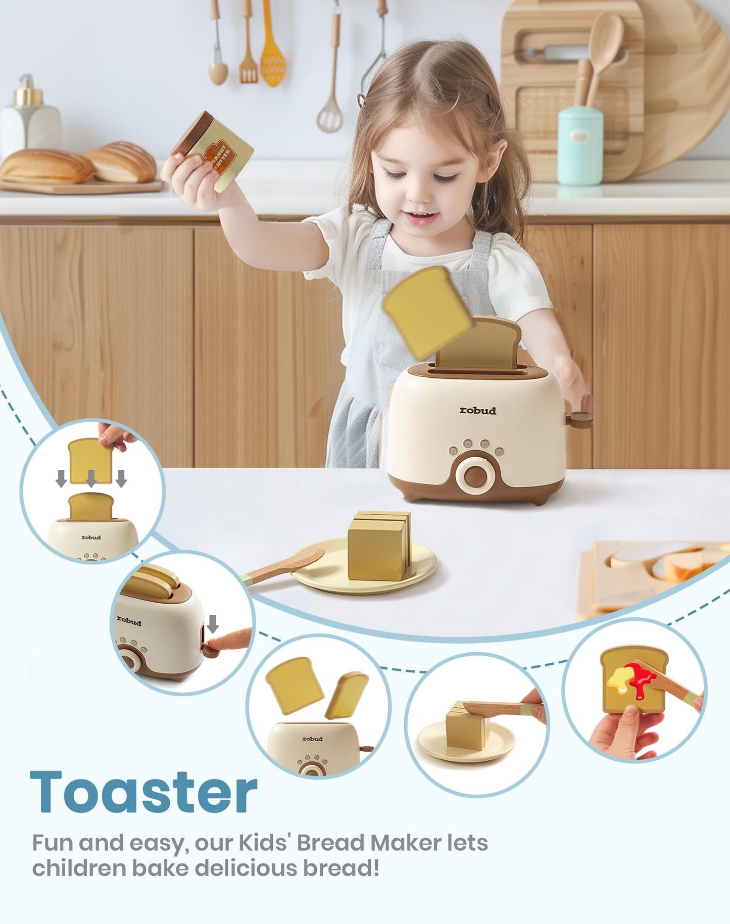 ROBOTIME Wooden Pretend Play Kitchen Playset Food Set With Bread Maker Juicer