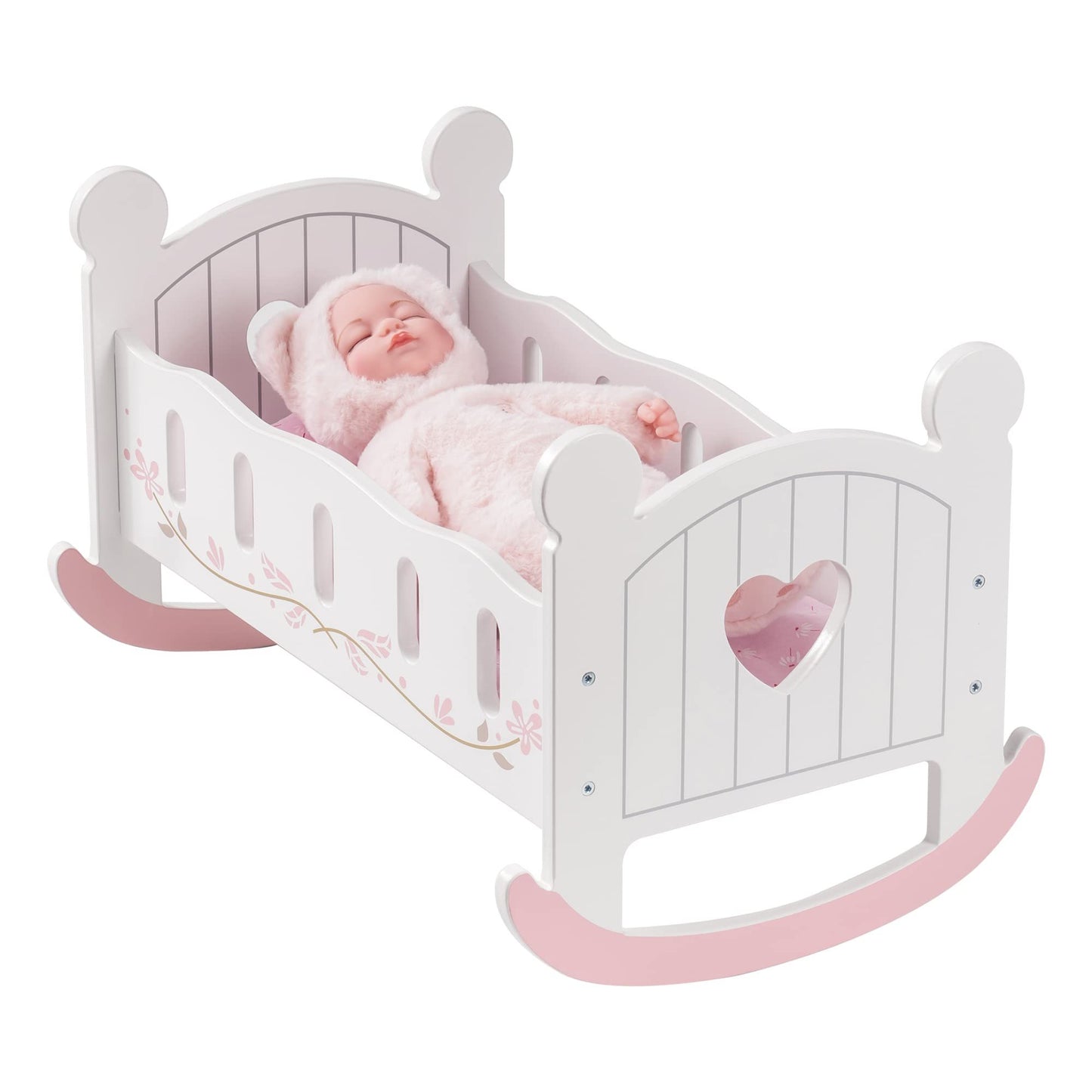 ROBOTIME Wooden Doll Cradle Rocking Baby Doll Crib Reversible Doll Bed For Dolls Girl,Fits Dolls Up To 18 Inches