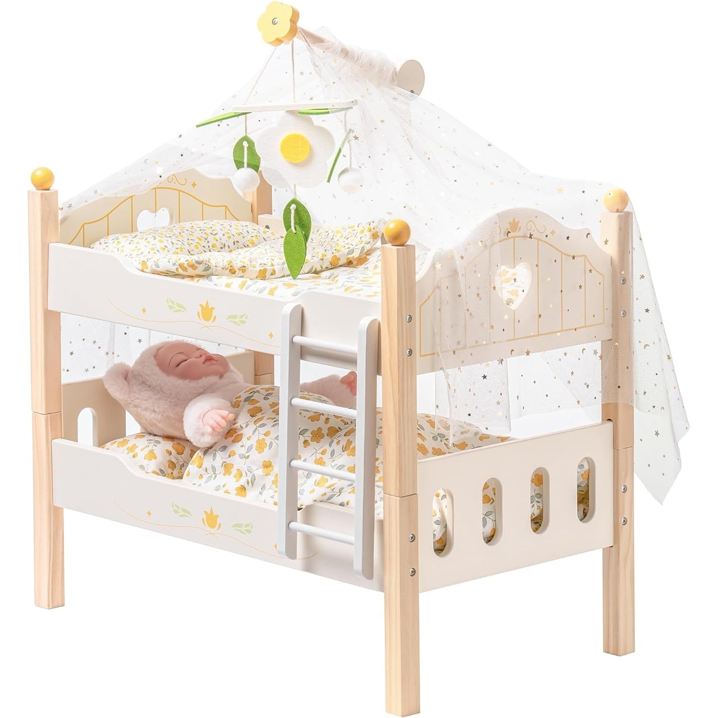 ROBOTIME Wooden Baby Doll Beds Doll Bunk Bed Cradle With Ladder For 18in Dolls